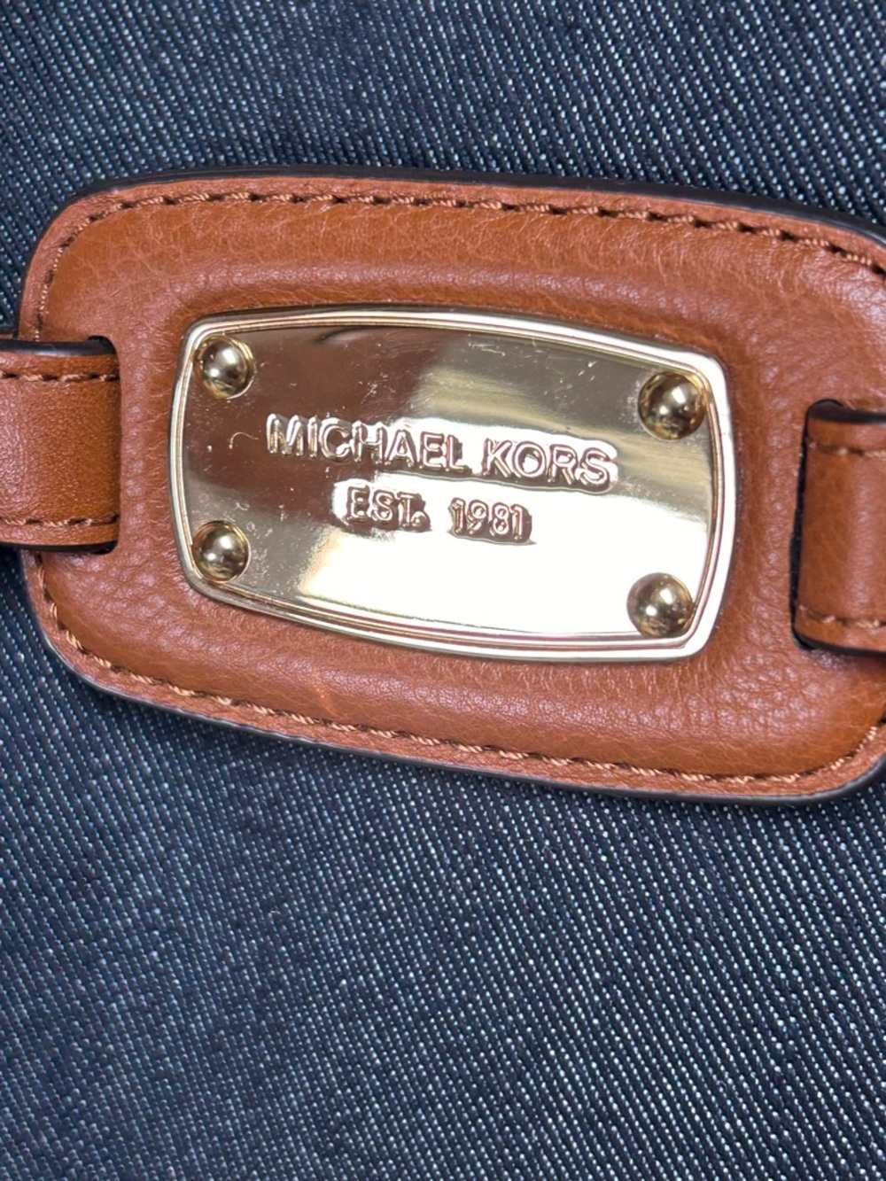 MICHAEL Michael Kors Navy Denim and Brown Leather Tote Approx. 15 x 11 x 4 - Picture 6 of 17